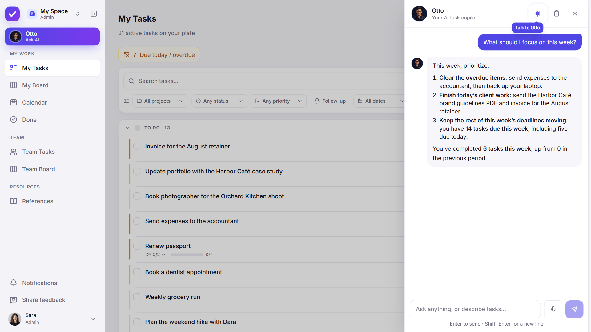 Otto answering what to focus on this week, using the real task list in Taskly