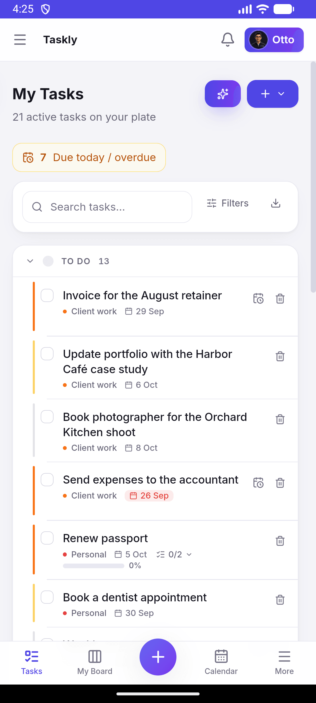 Taskly My Tasks on a phone, with the bottom tab bar